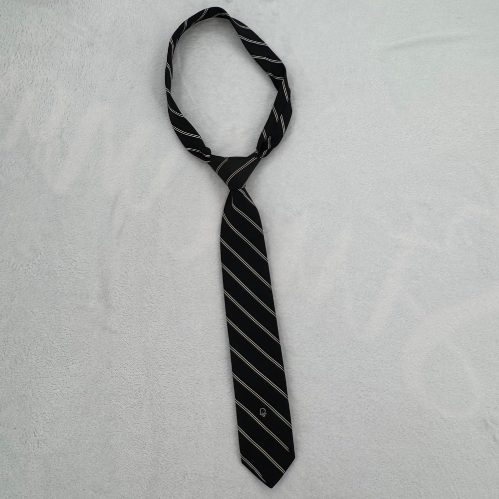 Vintage Christian Dior Logo Necktie Black White Diagonal Stripe Silk Blend Tie